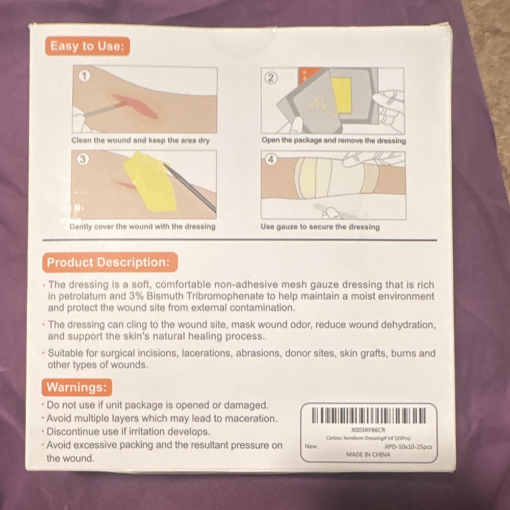 Carbou Xeroform Petrolatum Gauze Dressing 4in x 4in 25 Pack Non-Adhesive - Picture 2 of 2